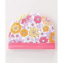 Babyhug 100% Cotton Interlock Knit Cap Mittens & Booties Set with Floral Print - Pink & White