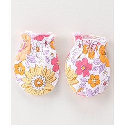 Babyhug 100% Cotton Interlock Knit Cap Mittens & Booties Set with Floral Print - Pink & White