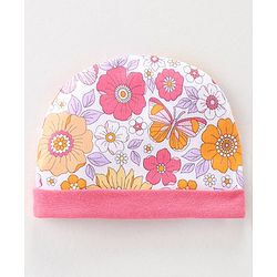 Babyhug 100% Cotton Interlock Knit Cap Mittens & Booties Set with Floral Print - Pink & White
