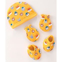 Babyhug 100% Cotton Knit Cap Mittens & Booties Set with Animal Print - Yellow