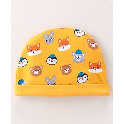 Babyhug 100% Cotton Knit Cap Mittens & Booties Set with Animal Print - Yellow