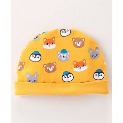 Babyhug 100% Cotton Knit Cap Mittens & Booties Set with Animal Print - Yellow