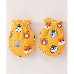 Babyhug 100% Cotton Knit Cap Mittens & Booties Set with Animal Print - Yellow