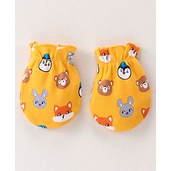 Babyhug 100% Cotton Knit Cap Mittens & Booties Set with Animal Print - Yellow
