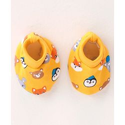 Babyhug 100% Cotton Knit Cap Mittens & Booties Set with Animal Print - Yellow
