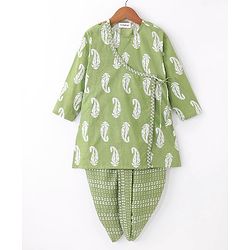 Babyhug Cotton Woven Solid Angarakha Full Sleeves Kurta Embroidered with Dhoti Set - Green