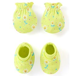 Babyhug 100% Cotton Knit Floral Print Mittens & Booties - Green