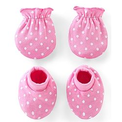 Babyhug 100% Cotton Knit Mittens and Booties Polka Dot Print - Pink