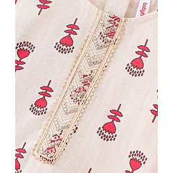 Babyhug 100% Cotton Three Fourth Sleeves Kurti Ghagra And Dupatta With Floral Print - Off White