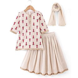 Babyhug 100% Cotton Three Fourth Sleeves Kurti Ghagra And Dupatta With Floral Print - Off White