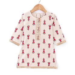 Babyhug 100% Cotton Three Fourth Sleeves Kurti Ghagra And Dupatta With Floral Print - Off White