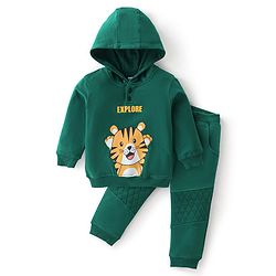 Babyhug Cotton Knit Full Sleeves Hooded T-Shirt & Lounge Pant Set with Tiger Print - Green