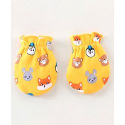 Babyhug 100% Cotton Knit Mittens & Booties Animal Print - Yellow