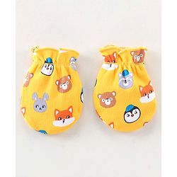 Babyhug 100% Cotton Knit Mittens & Booties Animal Print - Yellow