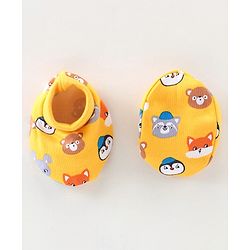 Babyhug 100% Cotton Knit Mittens & Booties Animal Print - Yellow
