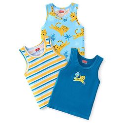 Babyhug 100% Cotton Sando With Leopard Print & Striped Pack Of 3 - Blue & Yellow