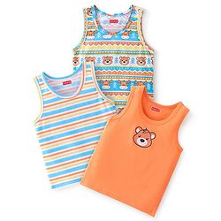 Babyhug 100 % Cotton Sando Teddy Print Pack of 3 - Blue & Orange