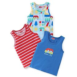Babyhug 100% Cotton Knit Sleeveless Sando Stripes & Car Print Pack of 3 - Red & Blue