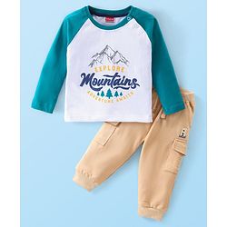 Babyhug 100% Cotton Knit Raglan Sleeves With T-Shirt & Lounge Pants Text Print - Green & Blue