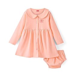 Babyhug Cotton Knit Full Sleeves Text Printed Frock with Bloomer - Peach