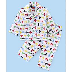 Babyhug Cotton Knit Full Sleeves Night Suit with Air Planes Print - White