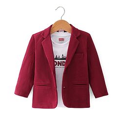 Babyhug Woven Full Sleeves Cordurory Blazer With Text Print T-Shirt - White & Maroon