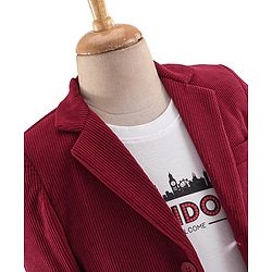 Babyhug Woven Full Sleeves Cordurory Blazer With Text Print T-Shirt - White & Maroon