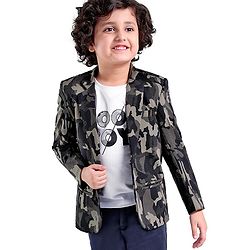 Babyhug Woven Full Sleeves Camouflage Blazer with Text Printed Inner Tee - Black