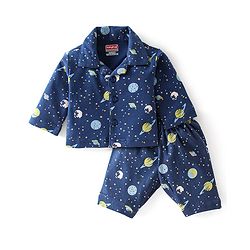 Babyhug Cotton Interlock Knit Full Sleeves Front Open Night Suit Space Print - Navy Blue