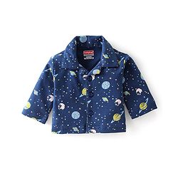 Babyhug Cotton Interlock Knit Full Sleeves Front Open Night Suit Space Print - Navy Blue