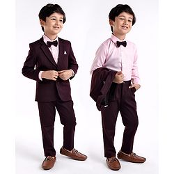 Babyhug Woven Full Sleeves Three Pieces Solid Colour Party Suit With Bow - Pink & Maroon