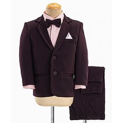 Babyhug Woven Full Sleeves Three Pieces Solid Colour Party Suit With Bow - Pink & Maroon