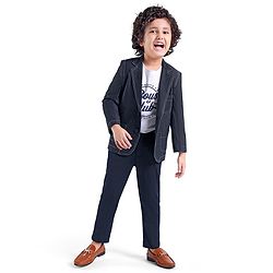 Babyhug Full Sleeves Denim Blazer with Text Printed T-Shirt & Stretch Fit Trouser Set - Blue & White