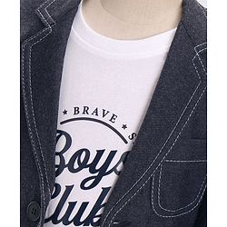 Babyhug Full Sleeves Denim Blazer with Text Printed T-Shirt & Stretch Fit Trouser Set - Blue & White