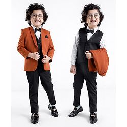 Babyhug Woven Full Sleeves Stretch Fit Five Piece Party Suit Solid Colour-  Rust & Black