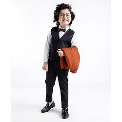Babyhug Woven Full Sleeves Stretch Fit Five Piece Party Suit Solid Colour-  Rust & Black