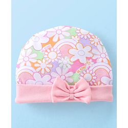 Babyhug 100% Cotton Knit Cap Mittens & Booties Set with Floral Print - Pink