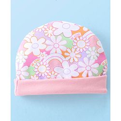 Babyhug 100% Cotton Knit Cap Mittens & Booties Set with Floral Print - Pink