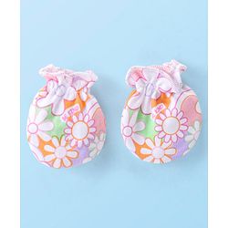 Babyhug 100% Cotton Knit Cap Mittens & Booties Set with Floral Print - Pink