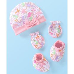 Babyhug 100% Cotton Knit Cap Mittens & Booties Set with Floral Print - Pink