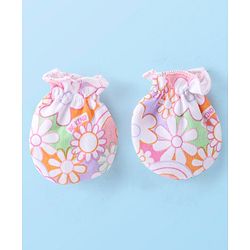 Babyhug 100% Cotton Knit Cap Mittens & Booties Set with Floral Print - Pink