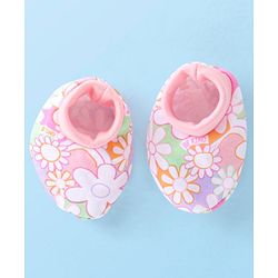 Babyhug 100% Cotton Knit Cap Mittens & Booties Set with Floral Print - Pink