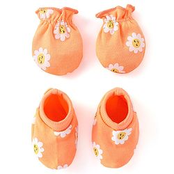 Babyhug 100% Cotton Knit Floral Print Mittens & Booties - Multicolor