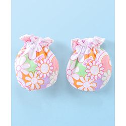 Babyhug 100% Cotton Knit Mitten & Booties Floral Print - Pink