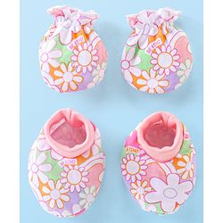 Babyhug 100% Cotton Knit Mitten & Booties Floral Print - Pink