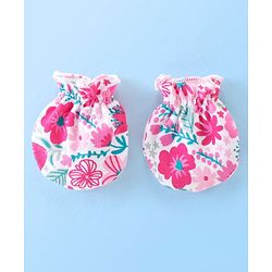Babyhug Cotton Knit Floral Print Mittens & Booties - Pink