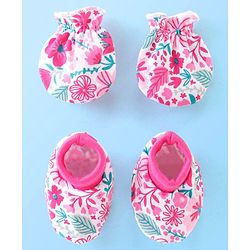 Babyhug Cotton Knit Floral Print Mittens & Booties - Pink