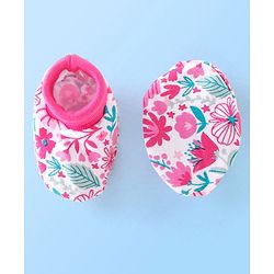 Babyhug Cotton Knit Floral Print Mittens & Booties - Pink