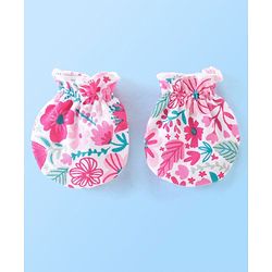 Babyhug Cotton Knit Floral Print Mittens & Booties - Pink
