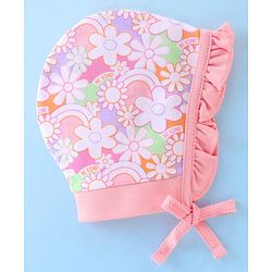 Babyhug 100% Cotton Knit Floral Print Tie Knot Cap Pack of 2 - Pink
